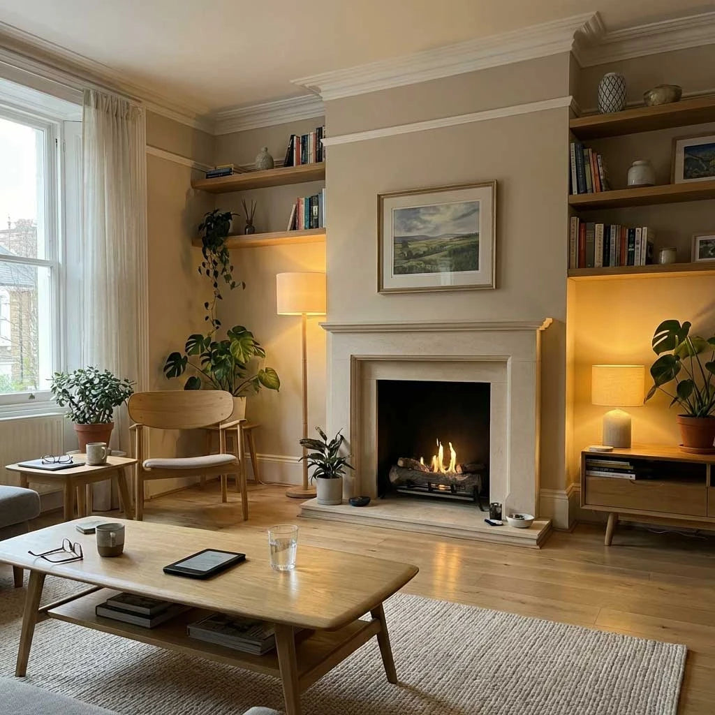 Grate M bioethanol fire insert retrofitted into a traditional fireplace in a cosy living room