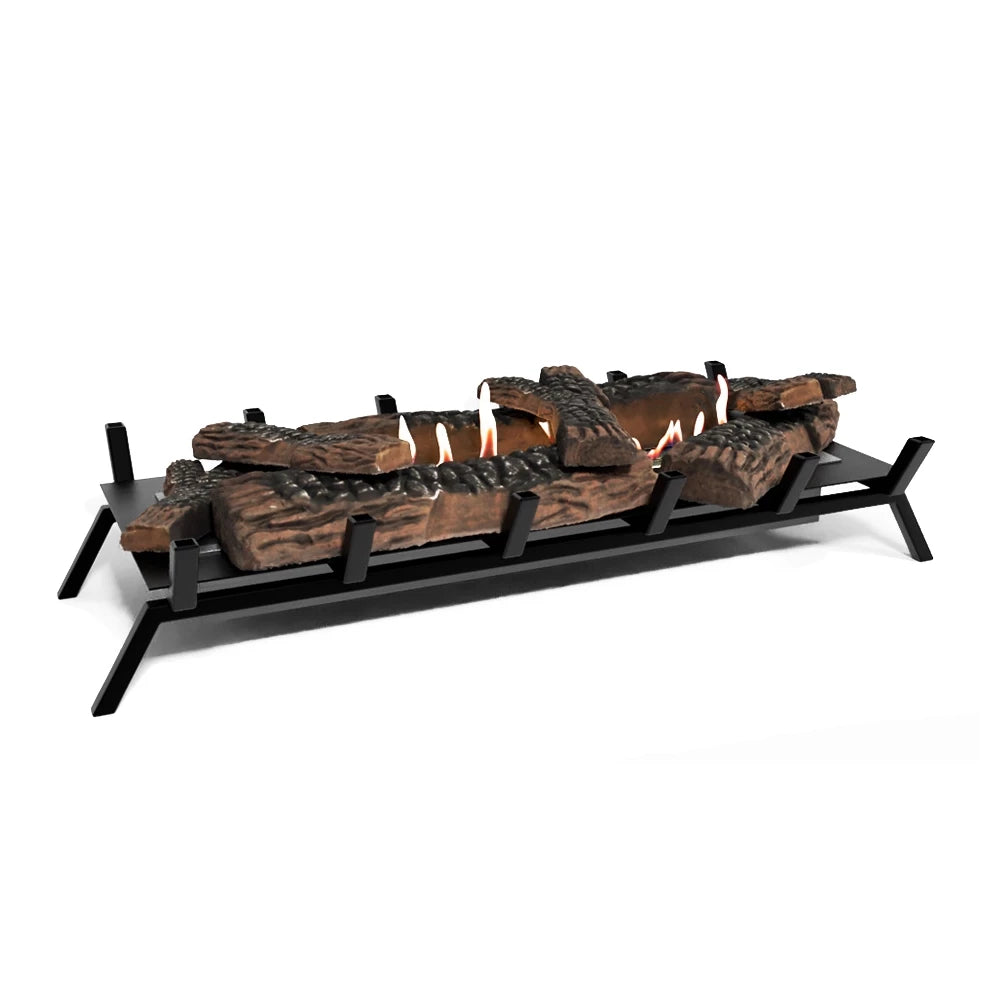 ScandiFlames Grate XL 80 cm bioethanol fire grate with lit flame and ceramic decorative logs, angled view