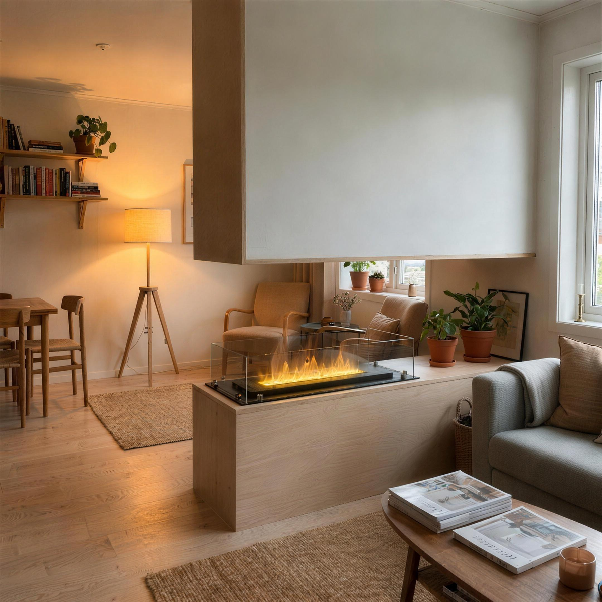 Foco Myst Four 800 water vapour fireplace built into a light wood room divider console, with a lit water vapour flame, in a bright Scandinavian living room