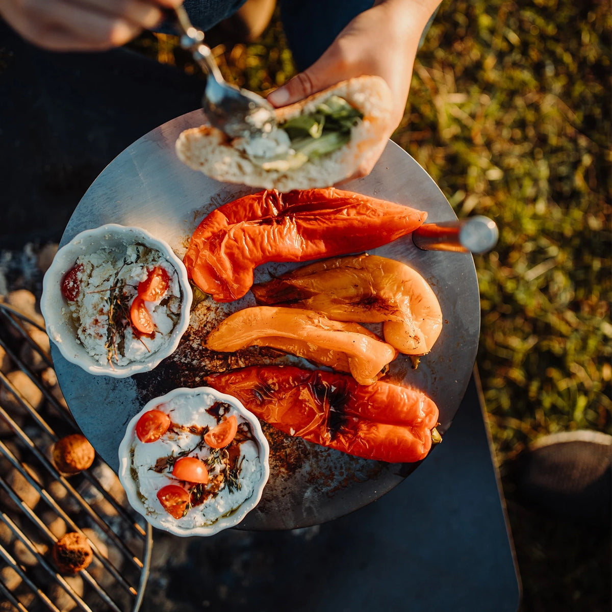 Höfats TRIPLE Table for grilling and cooking on TRIPLE fire pits.