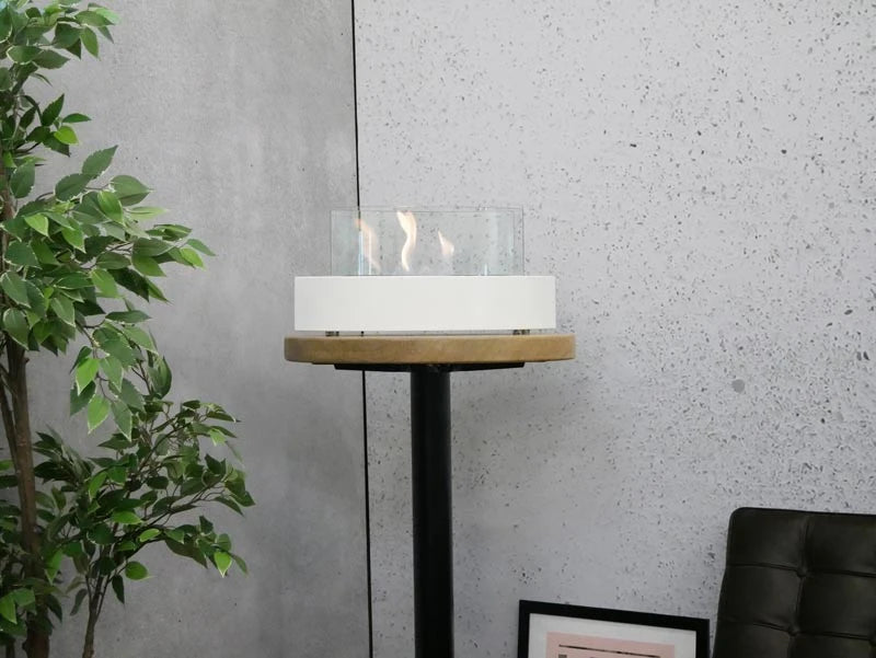 Oval Table Bio Fireplace in White, wide lifestyle angle