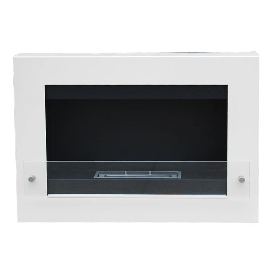 White wall-mounted bioethanol fireplace, unlit, front-on studio view