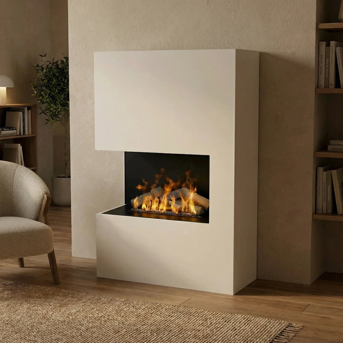 Tucholsky Right Corner White - OMC 600 | Freestanding Water Vapour Fireplace