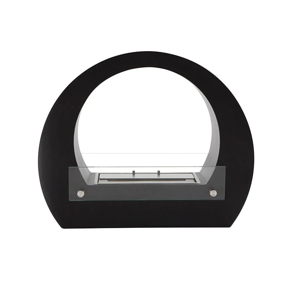 Dallas Black round bio fireplace, front-view studio shot on white background, unlit