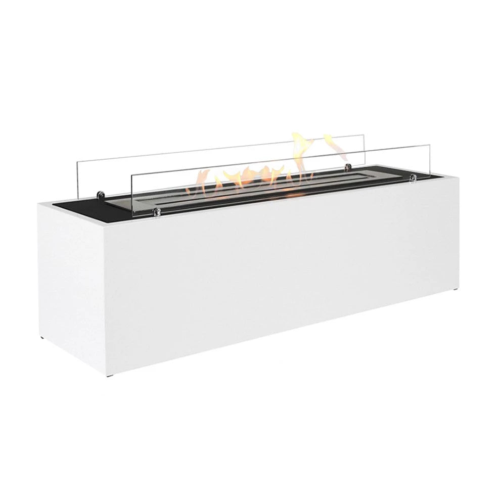 White freestanding bio fireplace, angled studio shot on white background, lit with a realistic flame