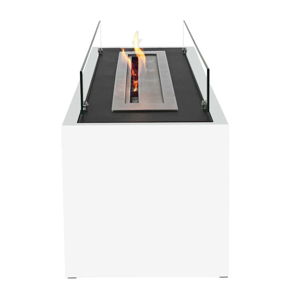 White freestanding bio fireplace, front-view studio shot on white background, lit with a realistic flame