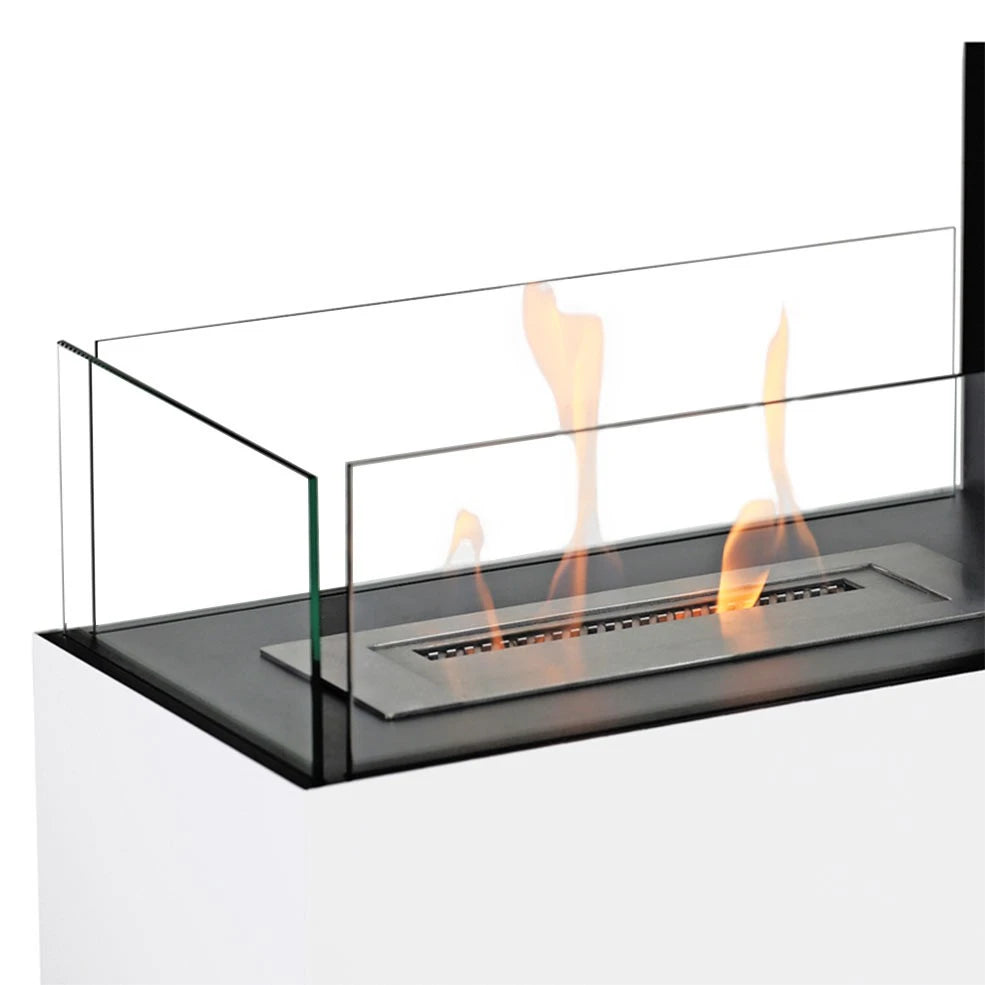 Topeka White bio fireplace, close-up detail of the burner and glass panels, lit with a realistic flame