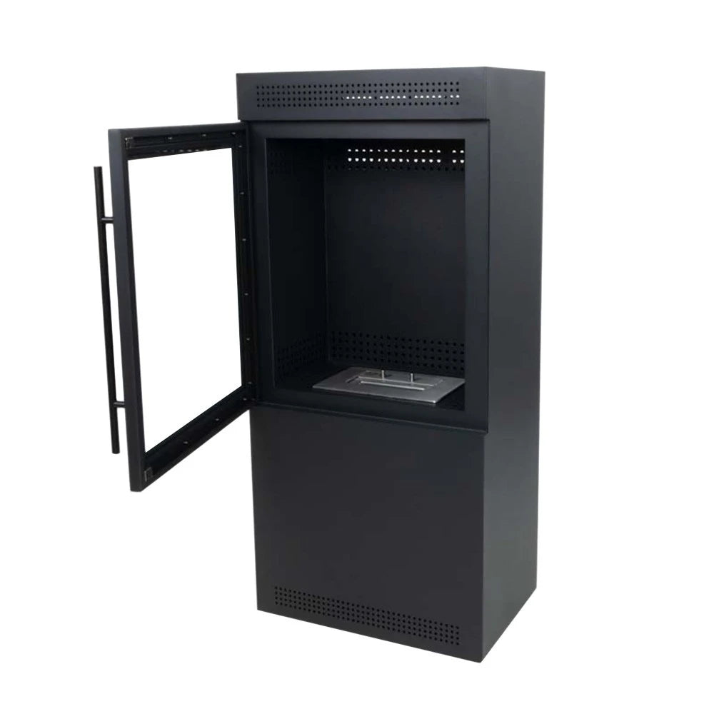 ScandiFlames Jackson bioethanol wood stove with door open, unlit, studio view