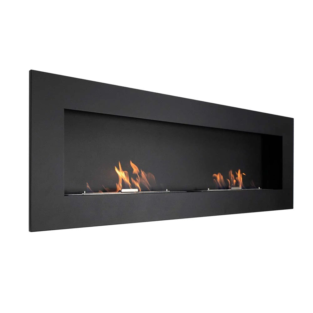 Murus 1600 black bio fireplace, angled view showing the slim 16.5 cm depth, lit with a realistic flame