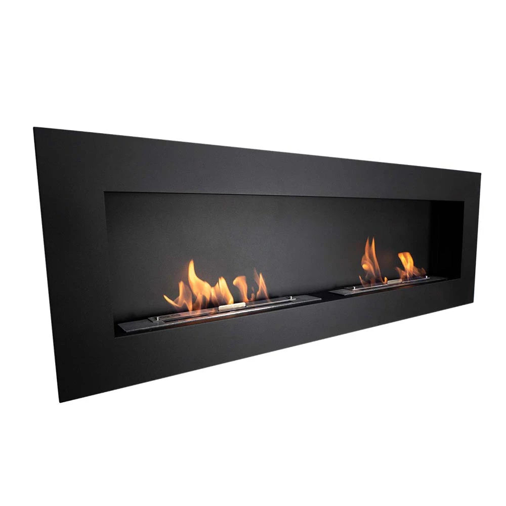 Murus 1600 black bio fireplace, angled view on white background, lit with a realistic flame