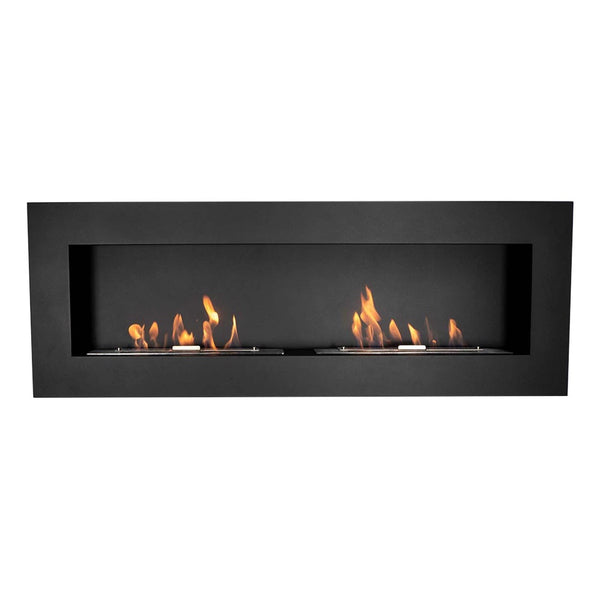 Murus 1600 black bio fireplace, front view on white background, lit with a realistic flame