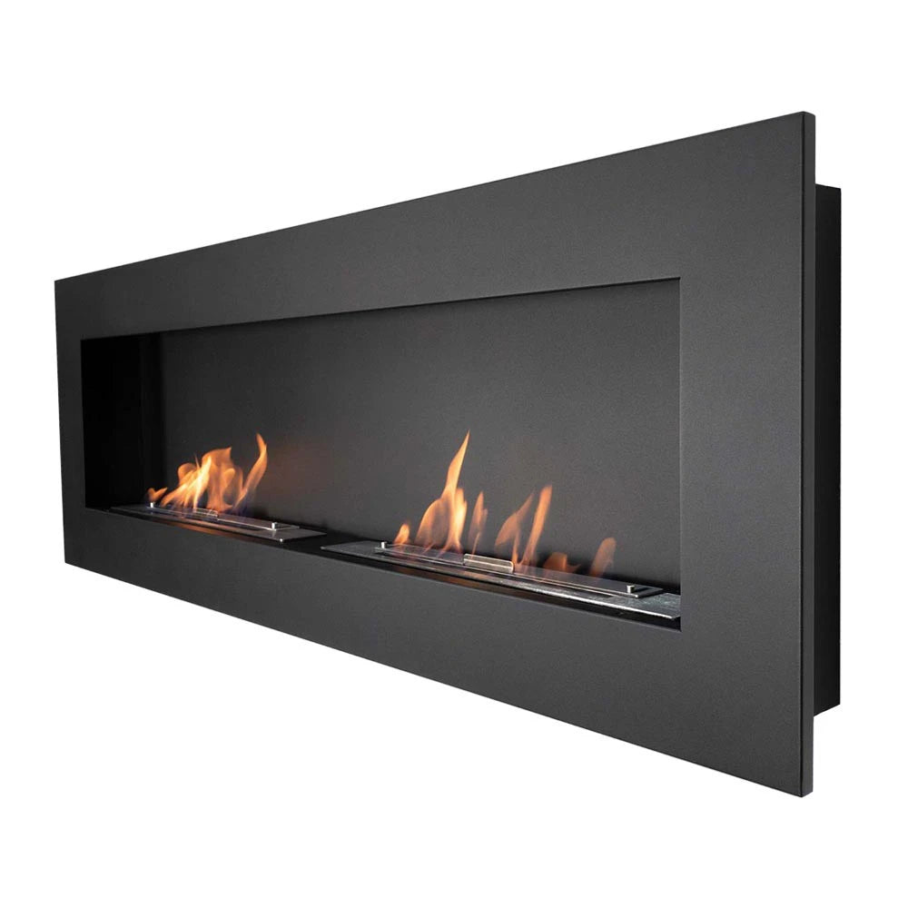 Murus 1600 black bio fireplace, opposite angled view on white background, lit with a realistic flame