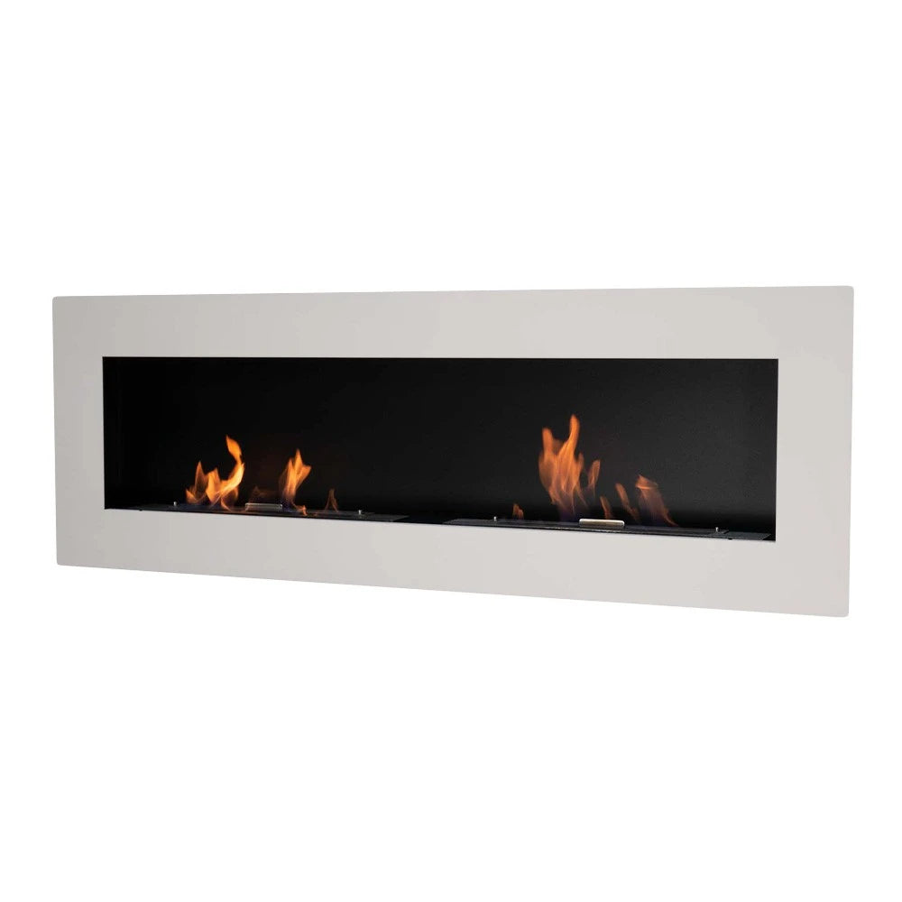 Murus 1600 matte white bio fireplace, opposite angled view on white background, lit with a realistic flame