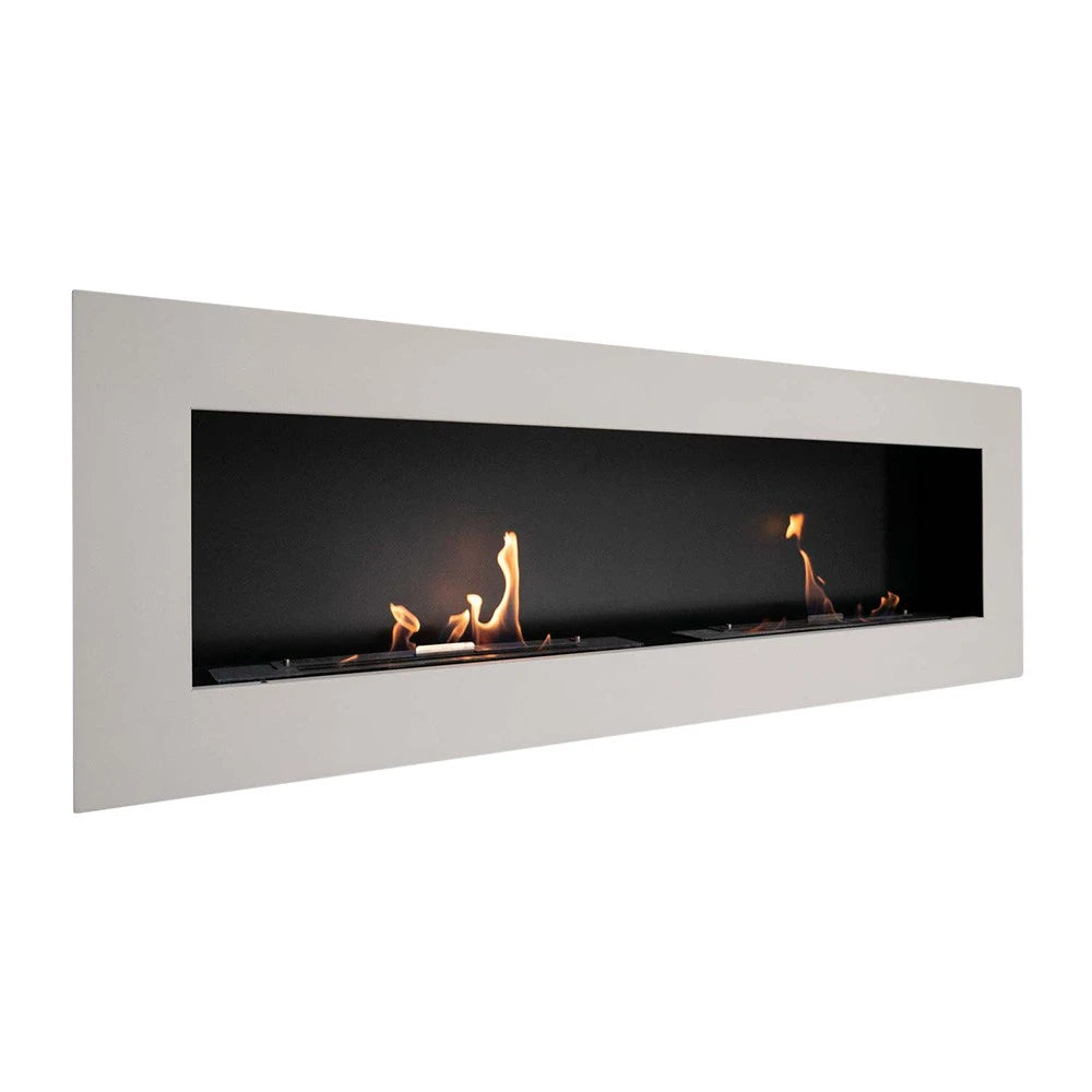 Murus 1600 matte white bio fireplace, angled view on white background, lit with a realistic flame