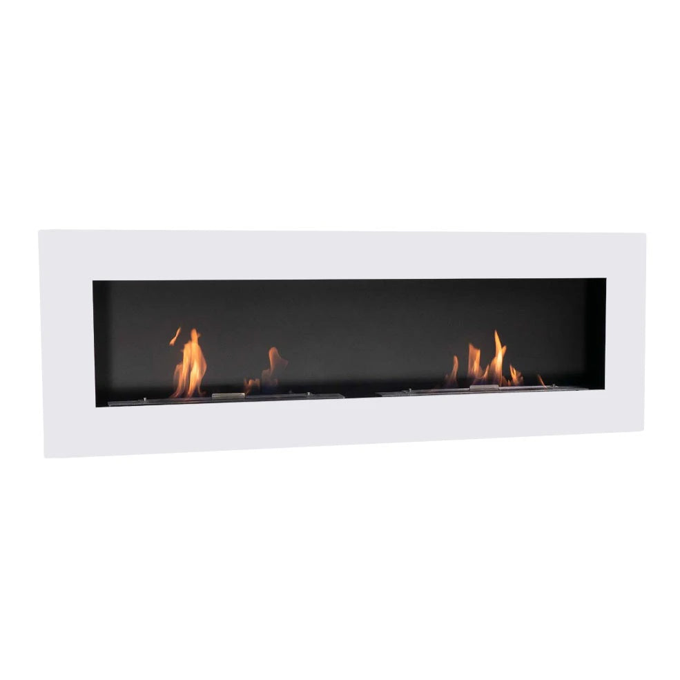 Murus 1600 glossy white bio fireplace, angled view on white background, lit with a realistic flame