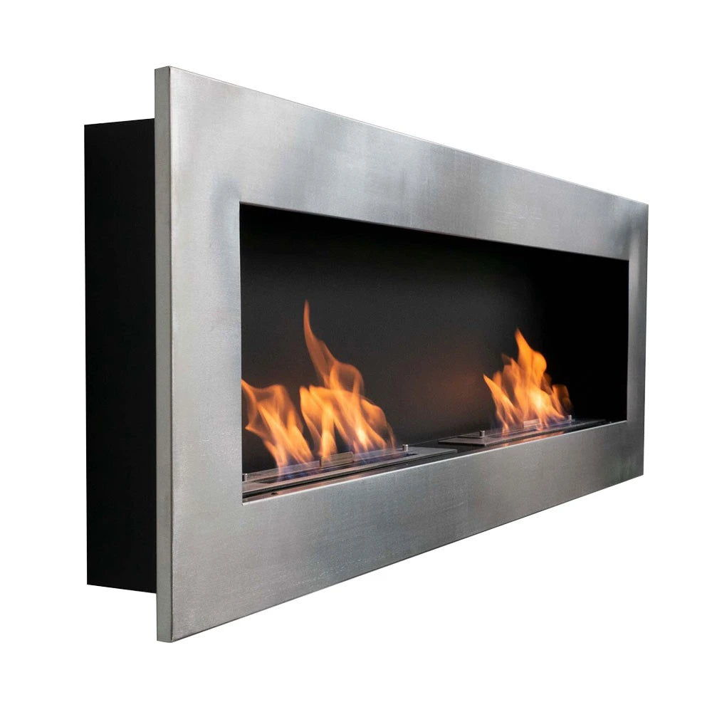 Murus 1600 brushed steel bio fireplace, angled view showing the slim 16.5 cm depth, lit with a realistic flame