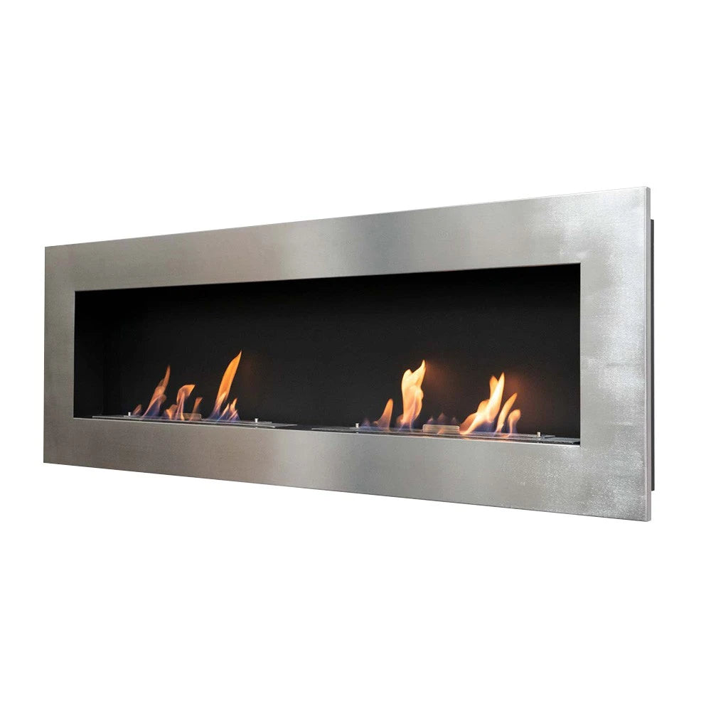 Murus 1600 brushed steel bio fireplace, opposite angled view on white background, lit with a realistic flame