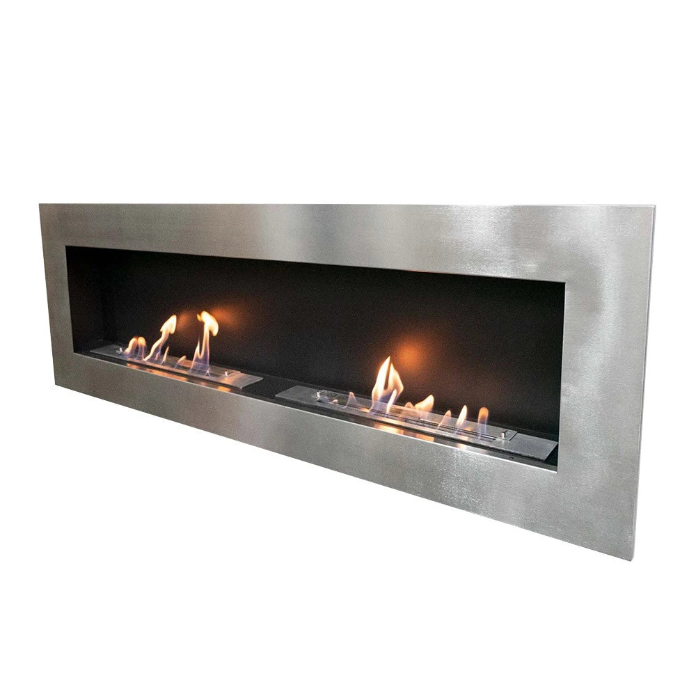 Murus 1600 brushed steel bio fireplace, angled view on white background, lit with a realistic flame