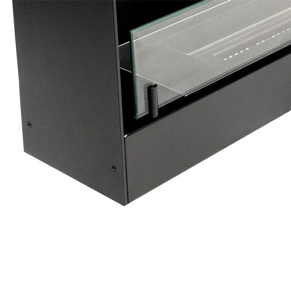 Close-up of the built-in bioethanol fireplace's corner frame and glass panel