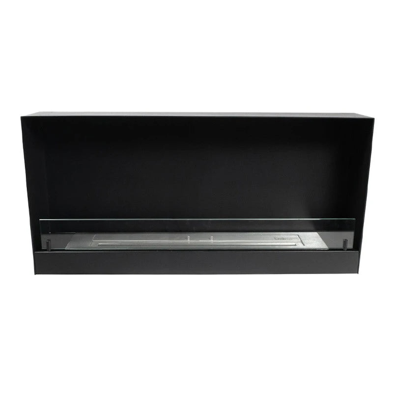 Front-on view of the 140cm black built-in bioethanol fireplace, unlit