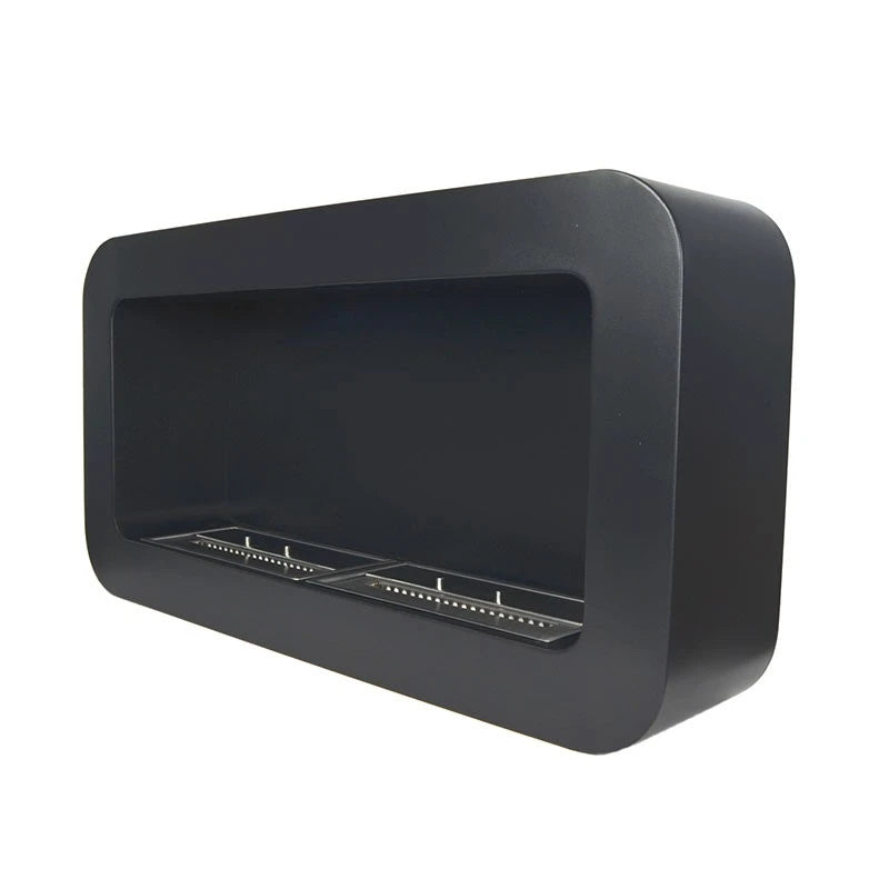Rectangular curved black wall-mounted bioethanol fireplace, unlit, side angle studio view on white background