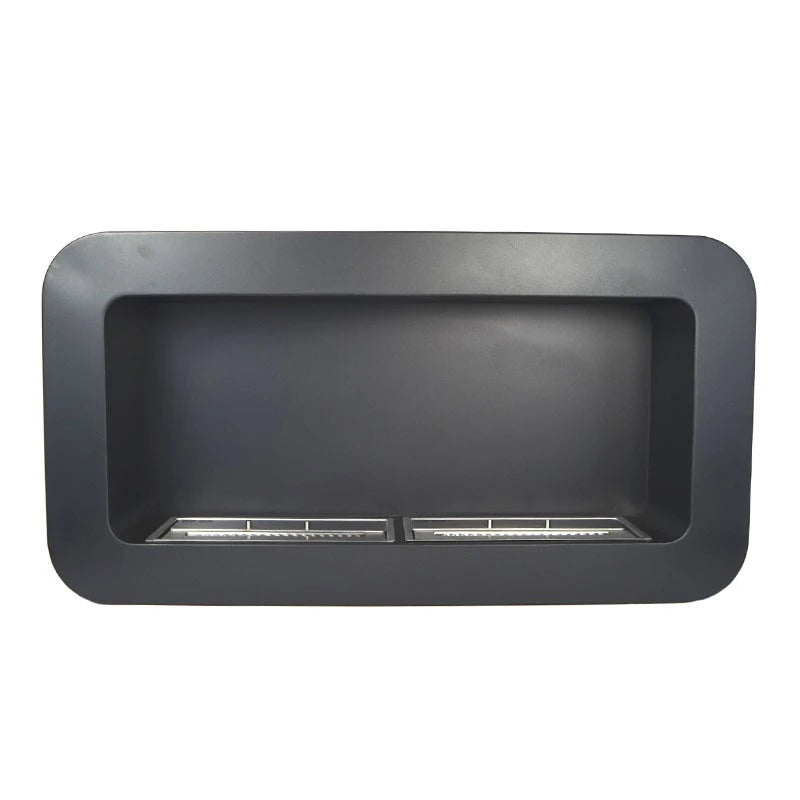 Rectangular curved black wall-mounted bioethanol fireplace, unlit, front-facing studio view on white background