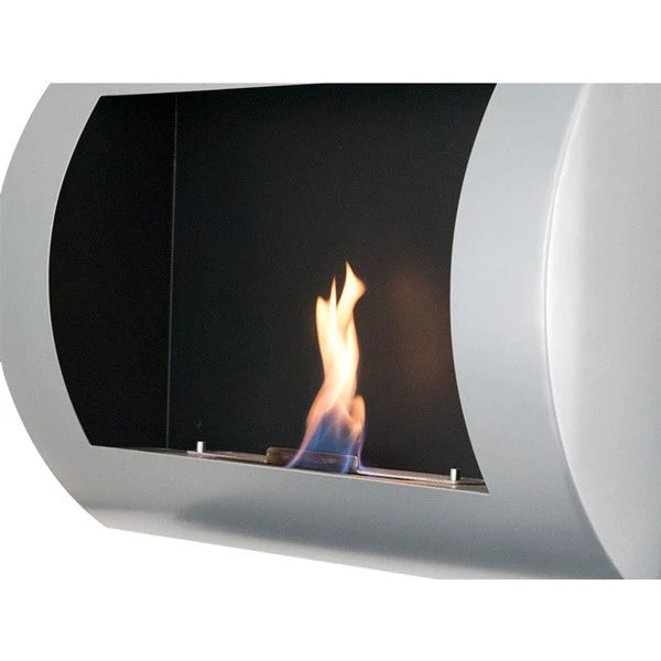 Close-up of the Ocean white bioethanol fireplace's burner tray and lit flame