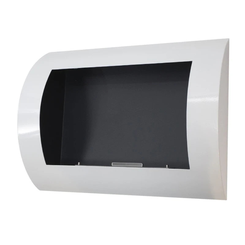 Ocean white bioethanol wall-mounted fireplace shown unlit, angled studio photo showing the curved frame and empty burner tray