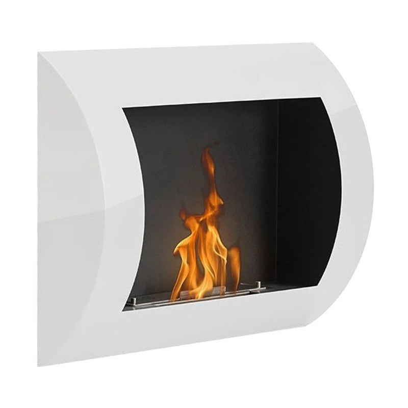 Ocean white bioethanol wall-mounted fireplace with a lit flame, angled studio photo showing the curved white frame