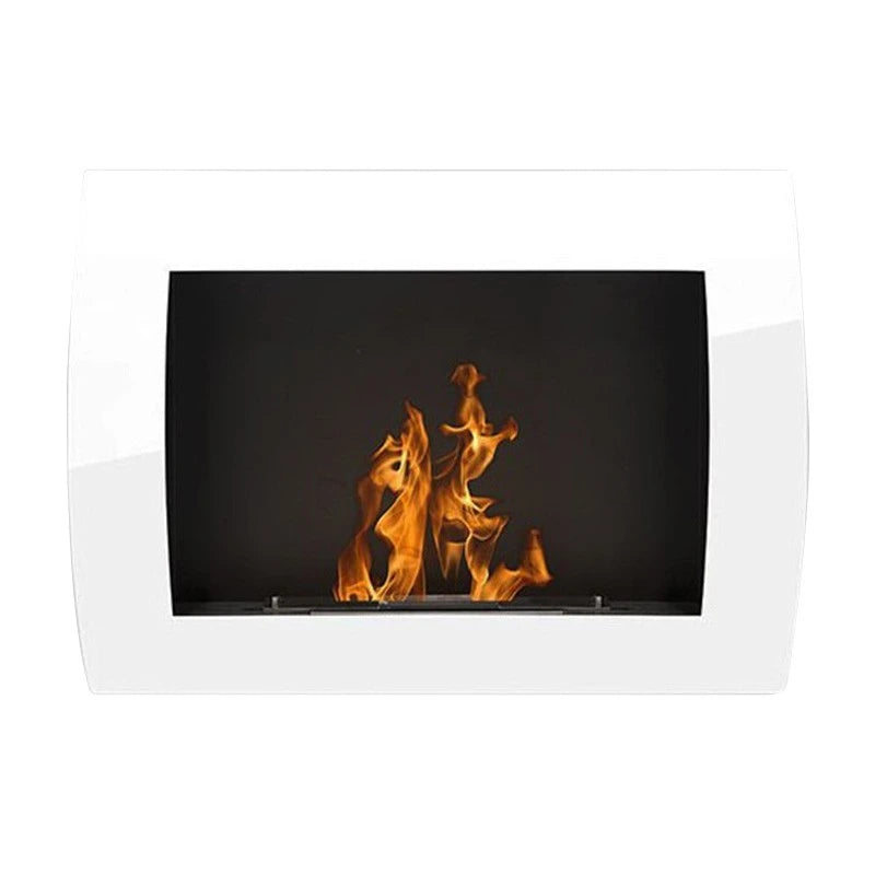 Ocean white bioethanol wall-mounted fireplace with a lit ethanol flame, front-facing studio photo on white background