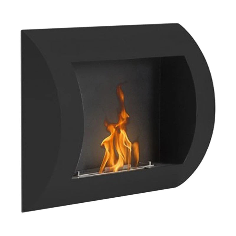 Ocean black bio fireplace, angled view with lit flame on white background