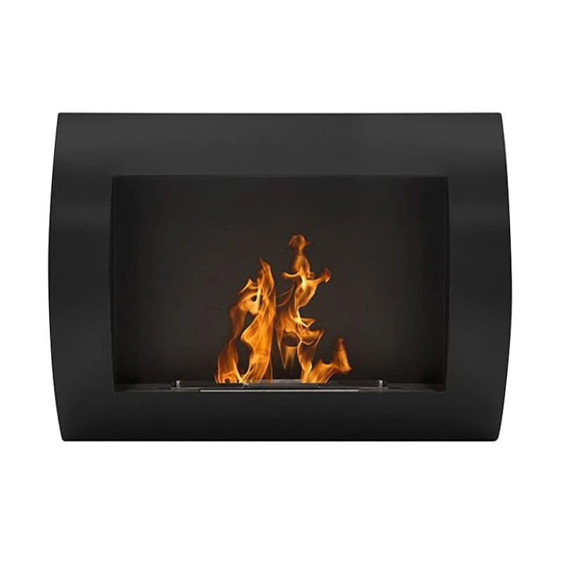 Ocean black bio fireplace, front view with lit flame on white background
