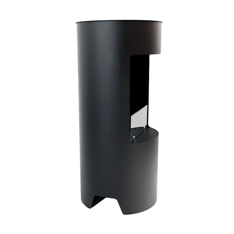 Montgomery black round bioethanol fireplace, unlit, white-background studio reverse angle