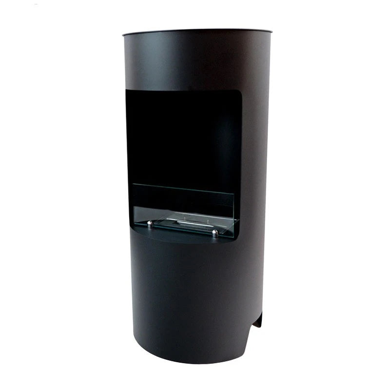 Montgomery black round bioethanol fireplace, unlit, white-background studio angle view