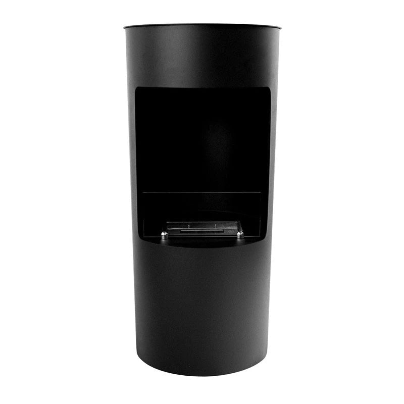 Montgomery black round bioethanol fireplace, unlit, white-background studio side view