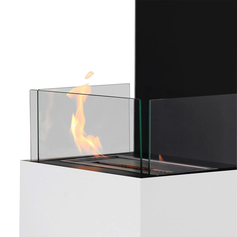 Close-up of the open 3-sided bioethanol fireplace's flame and glass panels