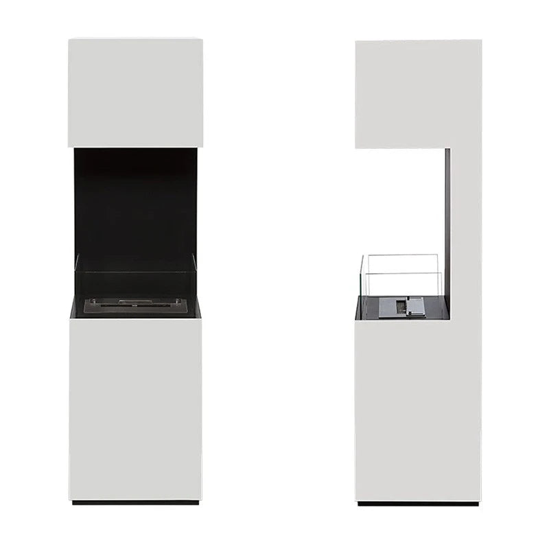 Open 3-sided white bioethanol fireplace, unlit, front and back white-background studio views