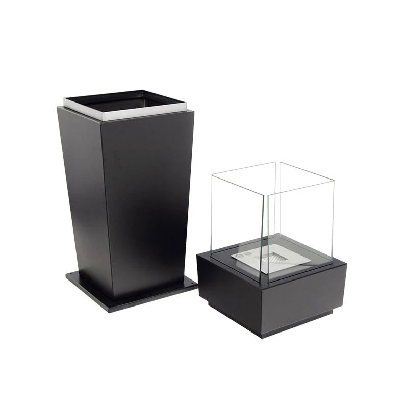 Elegant black bioethanol fireplace shown with the glass top detached, unlit, different studio angle