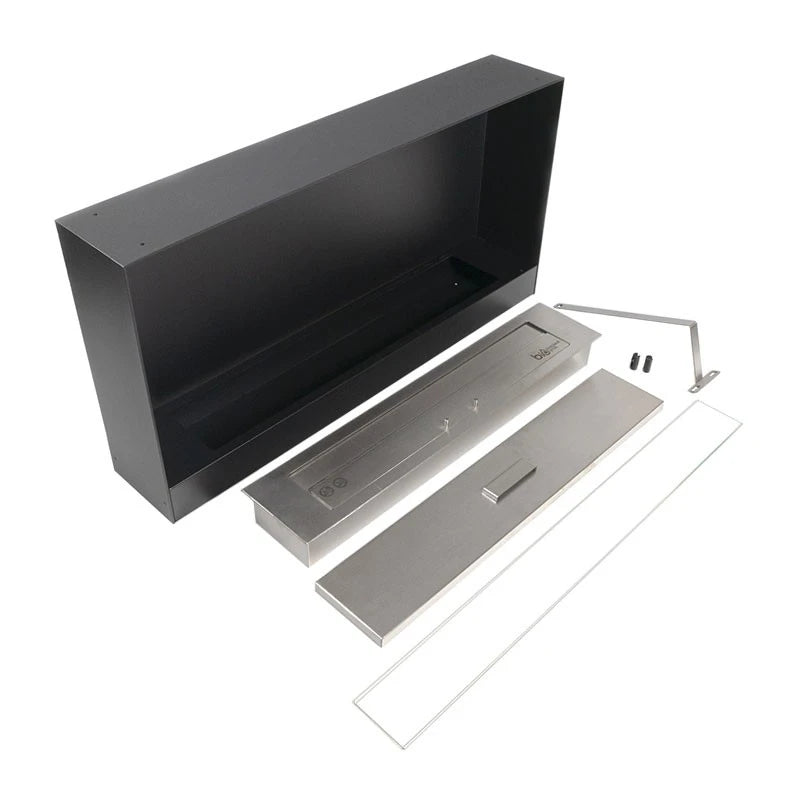 Exploded view of the built-in bioethanol fireplace's frame, burner and glass components