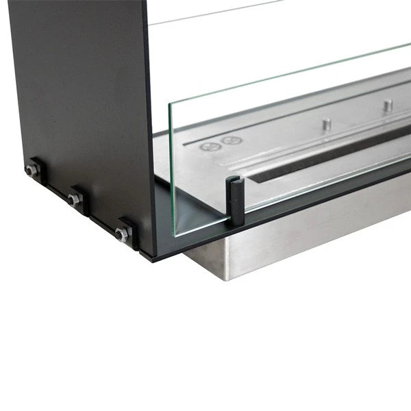 Foco Two 1000 Slim, close-up detail of the glass panel and burner tray corner
