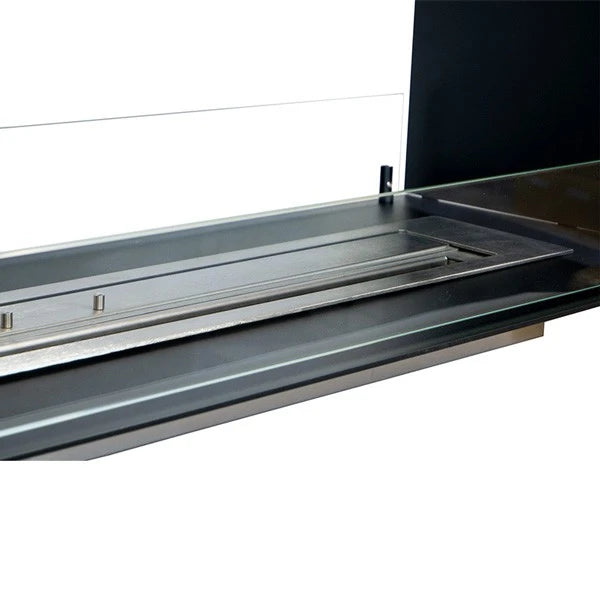 Close-up of the Foco Two 1200 stainless steel burner tray and tempered glass panel