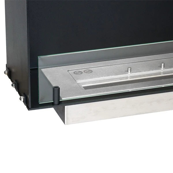 Close-up of the Foco One 600 Slim burner tray and tempered glass panel