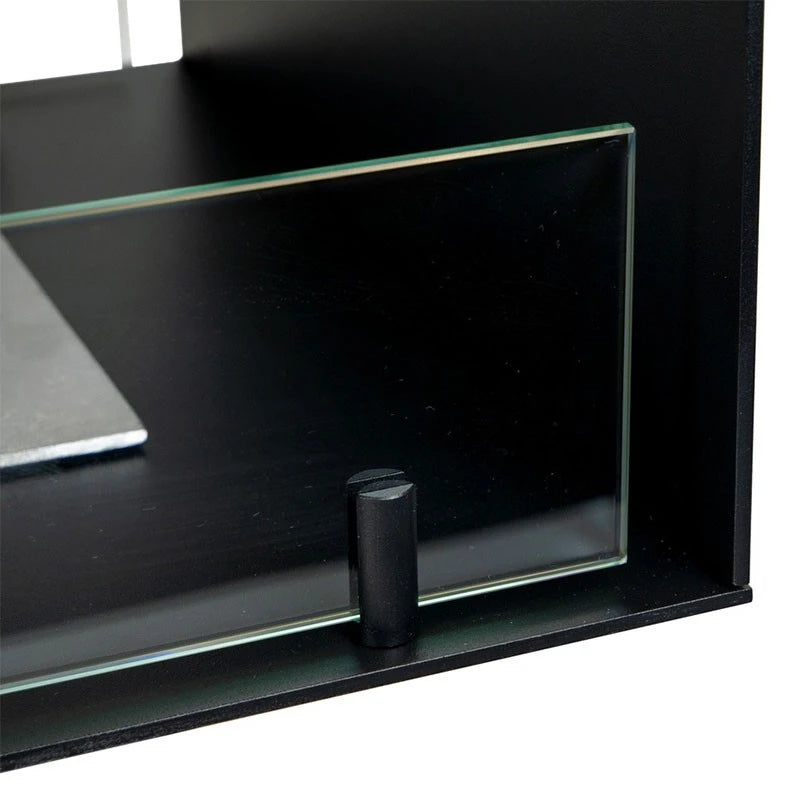 Close-up of the Foco Room Divider 1000 side glass panel and black glass-holder pin.