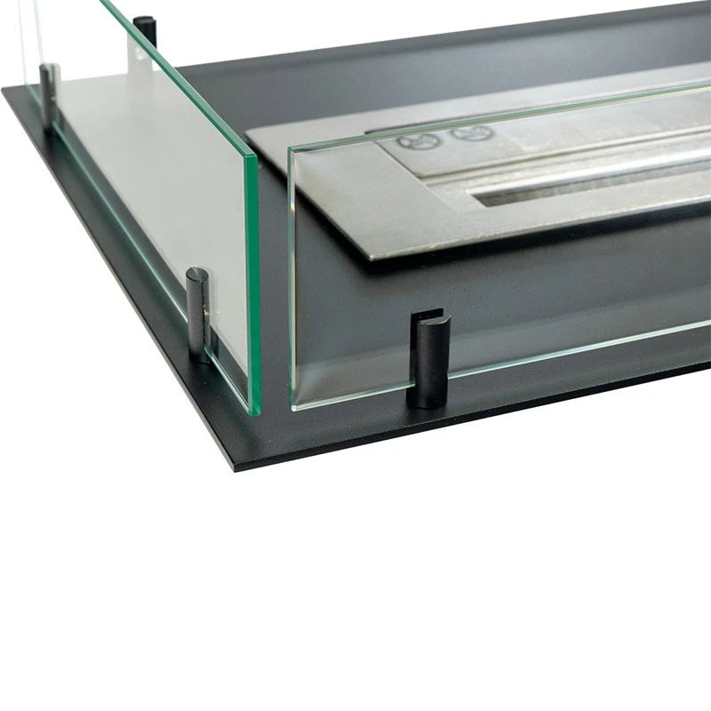 Close-up of the Foco Room Divider 1000 glass panel corner and black glass-holder pin.