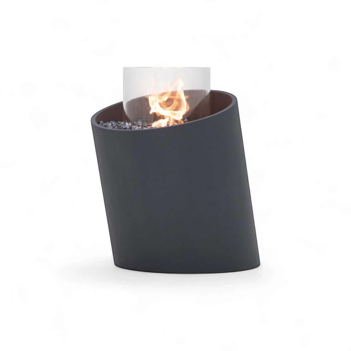 TORRE bioethanol fireplace M – black fiber concrete column with glass and blue stones