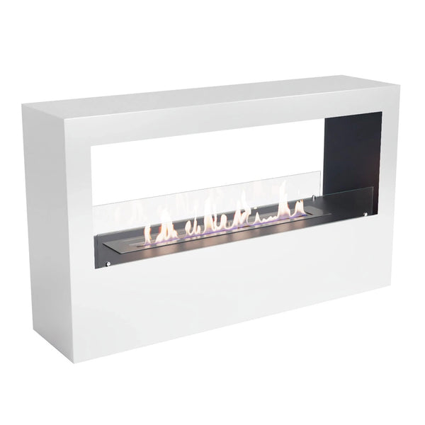 ScandiFlames Lansing XL white two-sided bioethanol fireplace with lit flames, studio shot