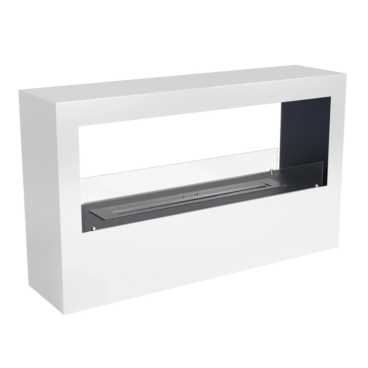 ScandiFlames Lansing XL white two-sided bioethanol fireplace, unlit, studio shot from a different angle