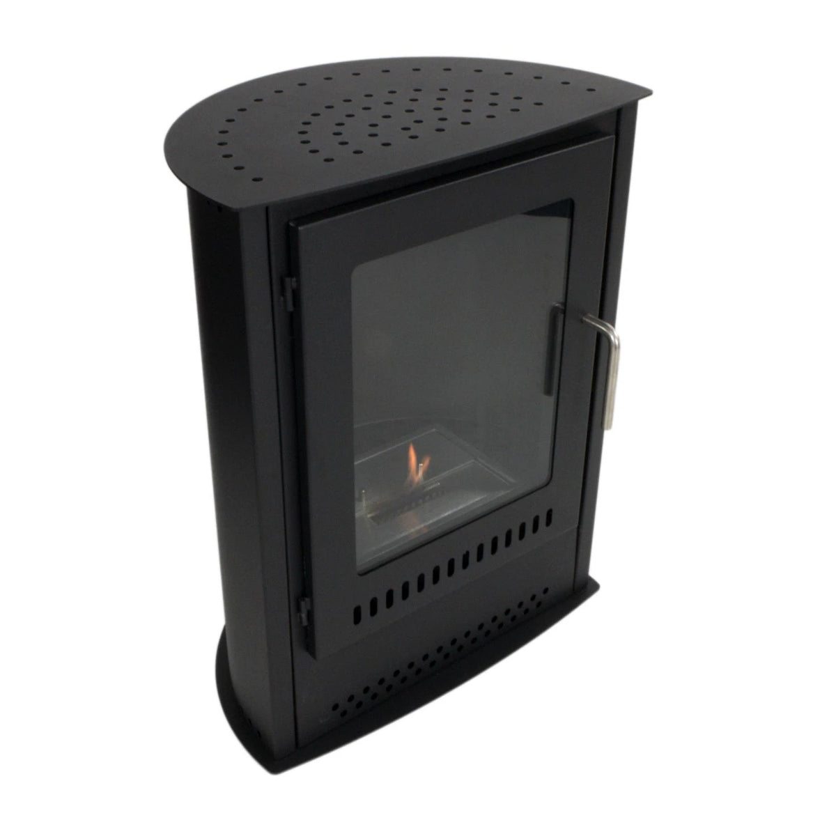 Carson small bioethanol stove fireplace, lit flame, angled studio view