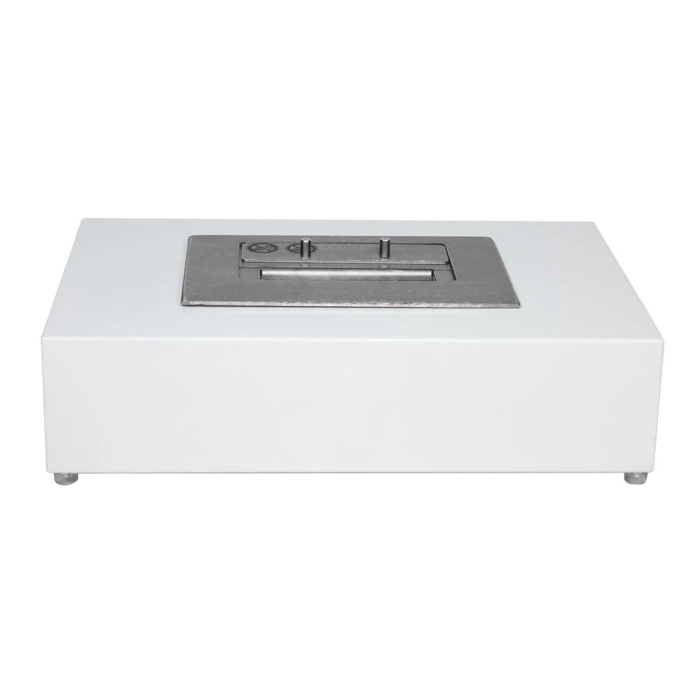 London tabletop bioethanol fireplace in white, eye-level front view, unlit