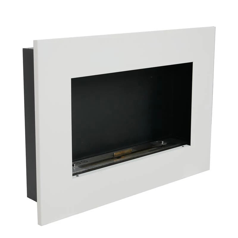Murus 800 matte white bio fireplace, angled view showing the slim 16.5 cm depth, unlit